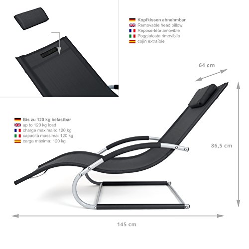 Outdoor Schwingstuhl Miami mit Armlehnen | Sonnenliege ergonomisch geschwungen | Freischwinger schwarz/grau | Gartenmöbel aus Alu und Textilene wetterfest - 3