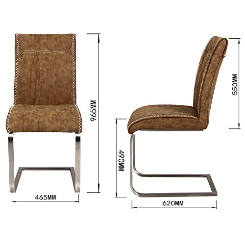 Ambiendi 2er Set Esszimmerstühle Schwingstuhl Vintage PU Auge Gebürsteter Edelstahl Freischwinger Stühle (Hellbraun) - 4