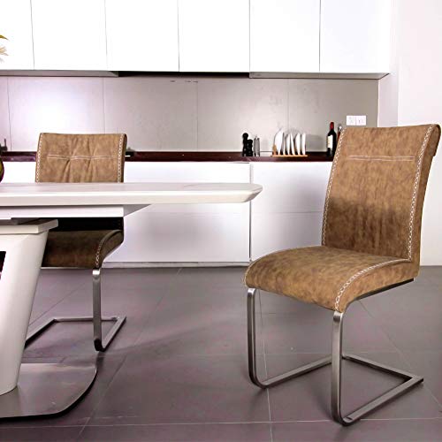 Ambiendi 2er Set Esszimmerstühle Schwingstuhl Vintage PU Auge Gebürsteter Edelstahl Freischwinger Stühle (Hellbraun) - 7