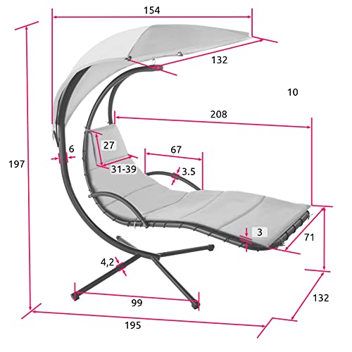 TecTake 800783 Hängeliege mit Gestell, Schwebeliege mit Sonnenschirm, Indoor & Outdoor, inkl. Polsterauflage mit Kopfkissen, für Garten, Terrasse und Balkon – Diverse Farben – (Pink | Nr. 403435) - 6