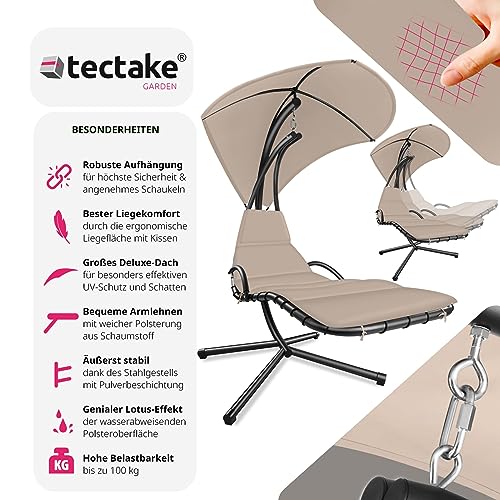 TecTake 800783 Hängeliege mit Gestell, Schwebeliege mit Sonnenschirm, Indoor & Outdoor, inkl. Polsterauflage mit Kopfkissen, für Garten, Terrasse und Balkon – Diverse Farben – (Beige | Nr. 403432) - 2