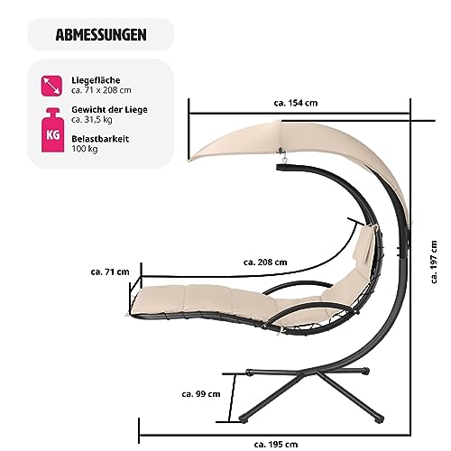 TecTake 800783 Hängeliege mit Gestell, Schwebeliege mit Sonnenschirm, Indoor & Outdoor, inkl. Polsterauflage mit Kopfkissen, für Garten, Terrasse und Balkon – Diverse Farben – (Beige | Nr. 403432) - 6