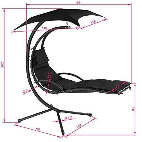 TecTake 800699 Hängeliege mit Gestell und Sonnendach mit UV Schutz, 195 x 118 x 202 cm, ergonomisch geformte Liegefläche, inkl. Sitz- und Kopfpolster - Diverse Farben – (Schwarz | Nr. 403074) - 6