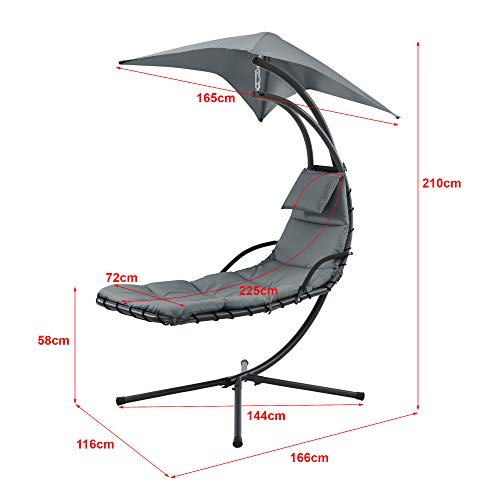 [en.casa] Hängeliege mit Sonnendach Schwebeliege mit Polsterauflage 120 kg Schwingliege Relaxliege Stahlgestell Polyester Grau - 3