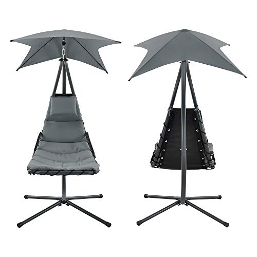 [en.casa] Hängeliege mit Sonnendach Schwebeliege mit Polsterauflage 120 kg Schwingliege Relaxliege Stahlgestell Polyester Grau - 4