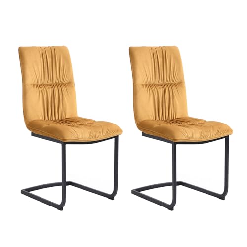 B&D home Esszimmerstühle 2er Set, Freischwinger Stühle Esszimmer, Schwingstuhl, Polsterstuhl, Essstühle, Küchenstühle, Samtstoff Senfgelb im Retrostil - 2