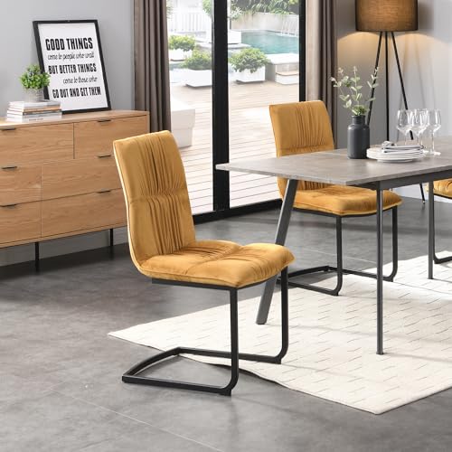 B&D home Esszimmerstühle 2er Set, Freischwinger Stühle Esszimmer, Schwingstuhl, Polsterstuhl, Essstühle, Küchenstühle, Samtstoff Senfgelb im Retrostil - 3