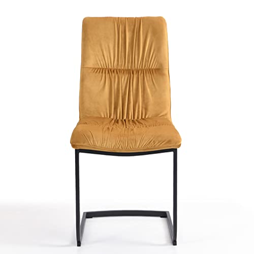 B&D home Esszimmerstühle 2er Set, Freischwinger Stühle Esszimmer, Schwingstuhl, Polsterstuhl, Essstühle, Küchenstühle, Samtstoff Senfgelb im Retrostil - 5