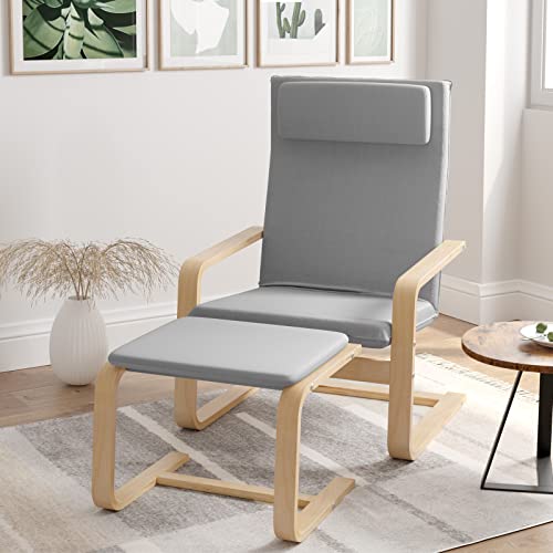 Relaxsessel mit Fußstütze, Ruhesessel mit Armlehne, Relaxstuhl mit Ottomane, Sessel Grau Armlehnensessel aus Birkenholz 66.5x69x96.5 cm - 5