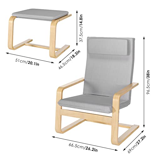 Relaxsessel mit Fußstütze, Ruhesessel mit Armlehne, Relaxstuhl mit Ottomane, Sessel Grau Armlehnensessel aus Birkenholz 66.5x69x96.5 cm - 4