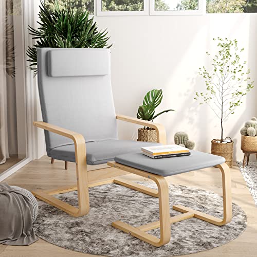 Relaxsessel mit Fußstütze, Ruhesessel mit Armlehne, Relaxstuhl mit Ottomane, Sessel Grau Armlehnensessel aus Birkenholz 66.5x69x96.5 cm - 6