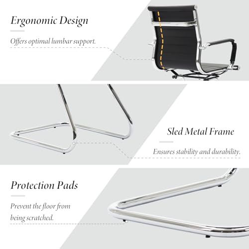Ya-Home Konferenzstuhl aus Kunstleder Freischwinger Schwingstuhl mit Armlehne Moderner Besucherstuhl mit Chromgestell,2 Stück(Schwarz) - 4