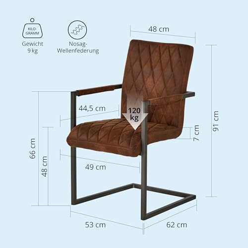KHG Esszimmerstuhl mit Armlehnen Bezug aus Mikrofaser braun | Freischwinger in Wildleder Optik bis 110 kg - Küchenstuhl, Schwingstuhl, Polsterstuhl mit Schaumstofffüllung und Wellenfederung - 2