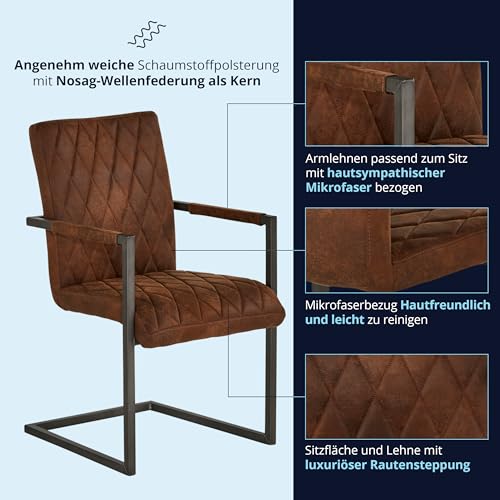 KHG Esszimmerstuhl mit Armlehnen Bezug aus Mikrofaser braun | Freischwinger in Wildleder Optik bis 110 kg - Küchenstuhl, Schwingstuhl, Polsterstuhl mit Schaumstofffüllung und Wellenfederung - 4