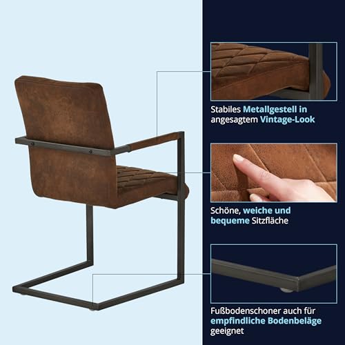 KHG Esszimmerstuhl mit Armlehnen Bezug aus Mikrofaser braun | Freischwinger in Wildleder Optik bis 110 kg - Küchenstuhl, Schwingstuhl, Polsterstuhl mit Schaumstofffüllung und Wellenfederung - 5
