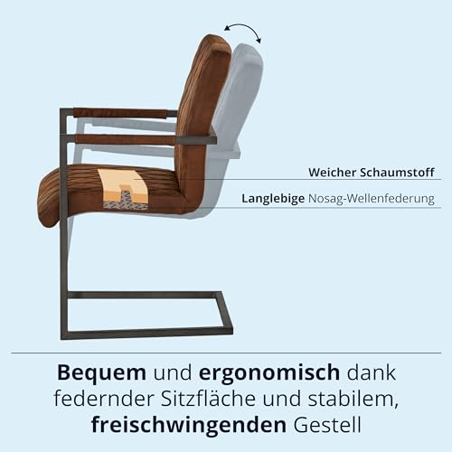 KHG Esszimmerstuhl mit Armlehnen Bezug aus Mikrofaser braun | Freischwinger in Wildleder Optik bis 110 kg - Küchenstuhl, Schwingstuhl, Polsterstuhl mit Schaumstofffüllung und Wellenfederung - 6