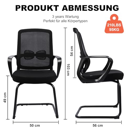 Eucladoceros Freischwinger Stühle,Konferenzstuhl,Bürostühle mit Armlehne und Lendenwirbelstütze,Ergonomische Besucherstuhl für Home Konferenzraum Schlafzimmer(1, Schwarz, 62x50x103cm) - 2