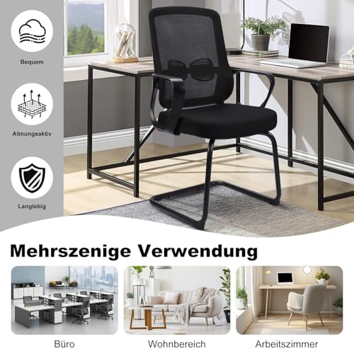 Eucladoceros Freischwinger Stühle,Konferenzstuhl,Bürostühle mit Armlehne und Lendenwirbelstütze,Ergonomische Besucherstuhl für Home Konferenzraum Schlafzimmer(1, Schwarz, 62x50x103cm) - 4