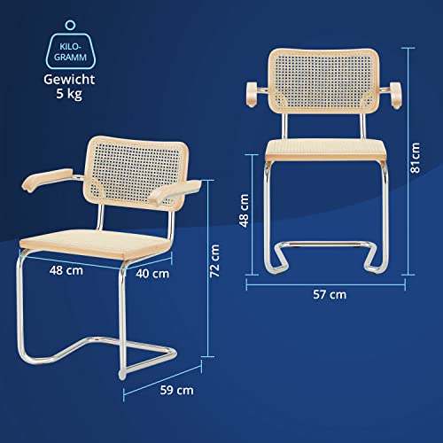 KHG Schwingstuhl Freischwinger mit Armlehnen Chrom - Rückenlehne und Sitzfläche aus Massivholz Buche und Rattan - Esszimmerstuhl, Küchenstuhl Design Stuhl mit Wiener Geflecht - 2