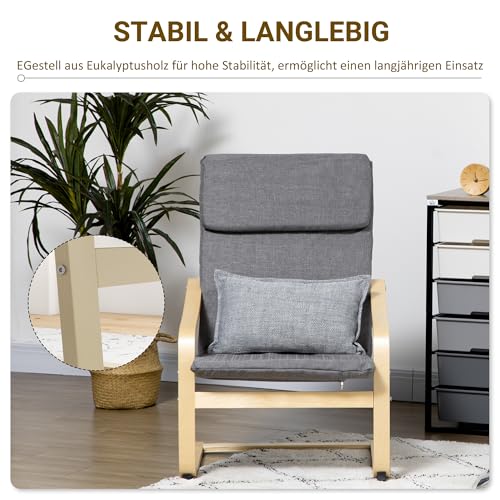 HOMCOM Relaxsessel, Ruhesessel, Relaxstuhl mit Leinenoptik, Schwingstuhl, Esszimmerstuhl mit Kopfkissen für Wohnzimmer, Birkenholz 66,5 x 80 x 99cm, Dunkelgrau - 4