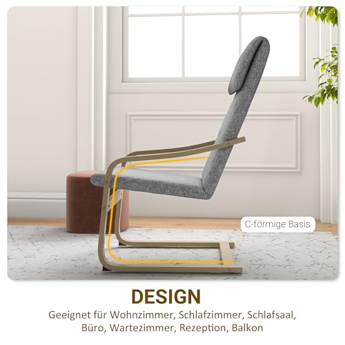 HOMCOM Relaxsessel, Ruhesessel, Relaxstuhl mit Leinenoptik, Schwingstuhl, Esszimmerstuhl mit Kopfkissen für Wohnzimmer, Birkenholz 66,5 x 80 x 99cm, Dunkelgrau - 5