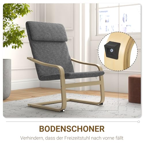 HOMCOM Relaxsessel, Ruhesessel, Relaxstuhl mit Leinenoptik, Schwingstuhl, Esszimmerstuhl mit Kopfkissen für Wohnzimmer, Birkenholz 66,5 x 80 x 99cm, Dunkelgrau - 7