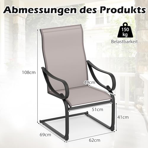 COSTWAY Gartenstühle 2er Set, Freischwinger Stühle mit hoher Rückenlehne & Sitzfläche aus Netzgewebe, Terrassenstühle, Schwingstühle, Outdoor-Stühle für Garten, Veranda, Poolbereich - 3