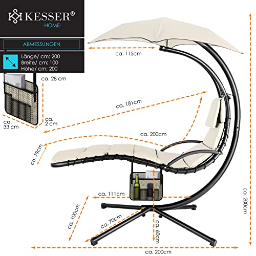 KESSER® Schwebeliege mit Sonnenschirm, Hängeliege, Sonnenliege H200, L194, B100 cm, Relaxliege, Schaukelliege Hängematte, bis 120 kg belastbar, Auflagen - Nackenkissen, Inkl. Tasche - 2