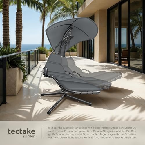 tectake® Hängeliege mit Gestell, Schwebeliege, Schwingliege mit Sonnendach, Polsterauflage mit Kopfkissen, grau - 2
