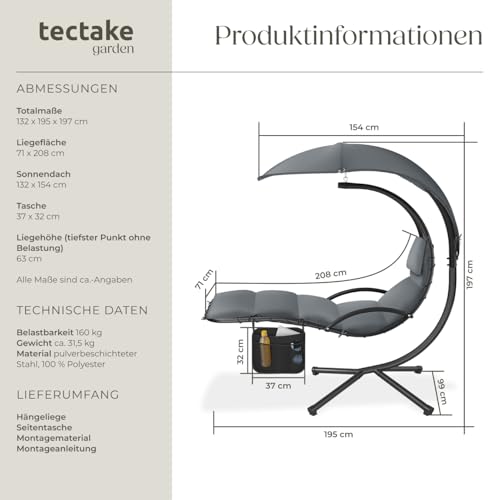 tectake® Hängeliege mit Gestell, Schwebeliege, Schwingliege mit Sonnendach, Polsterauflage mit Kopfkissen, grau - 3