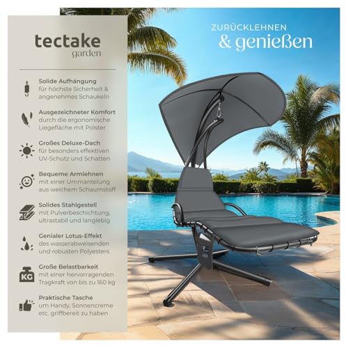 tectake® Hängeliege mit Gestell, Schwebeliege, Schwingliege mit Sonnendach, Polsterauflage mit Kopfkissen, grau - 4