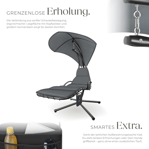 tectake® Hängeliege mit Gestell, Schwebeliege, Schwingliege mit Sonnendach, Polsterauflage mit Kopfkissen, grau - 5
