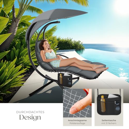 tectake® Hängeliege mit Gestell, Schwebeliege, Schwingliege mit Sonnendach, Polsterauflage mit Kopfkissen, grau - 6