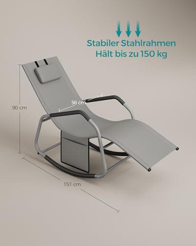 SONGMICS Schaukelliege, Liegestuhl, Schaukelstuhl, Stopper als Umkippschutz, verstellbare Kopfstütze, Stahlrahmen, atmungsaktiv, Seitentasche, 151 x 56 x 90 cm, Taubengrau GCB230G01 - 3