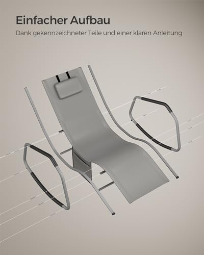 SONGMICS Schaukelliege, Liegestuhl, Schaukelstuhl, Stopper als Umkippschutz, verstellbare Kopfstütze, Stahlrahmen, atmungsaktiv, Seitentasche, 151 x 56 x 90 cm, Taubengrau GCB230G01 - 6