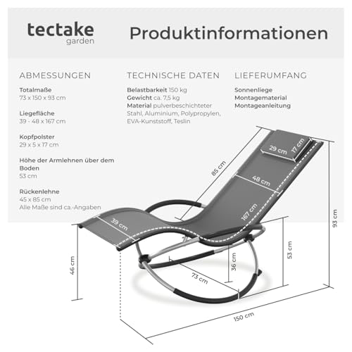 tectake® Outdoor Schaukelstuhl klappbar, Liegestuhl wetterfest, Relaxliege, belastbar bis 150kg, ergonomischer Relaxsessel, Möbel für Garten, Balkon, Sauna, Terrasse (grau) - 2