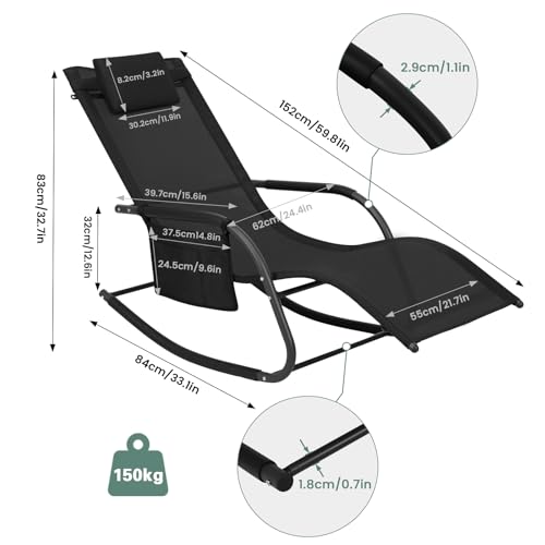 WOLTU Liegestuhl Sonnenliege wetterfest, Gartenliege Schwungliege Outdoor, Relaxsessel Garten bis 150 kg, Relaxliege mit Abnehmbarer Kopfstütze, für Garten und Balkon, Schwarz - 3