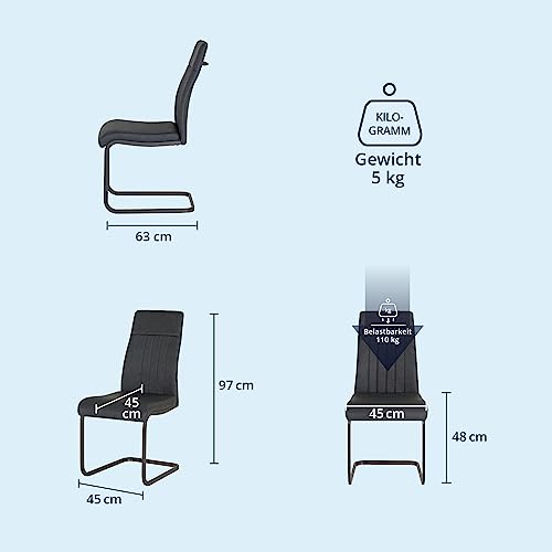 KHG Esszimmerstuhl Schwingstuhl Polsterstuhl Küchenstuhl Kunstleder Anthrazit - Design Stuhl Sitzhöhe 48 cm - Freischwinger mit Griff, für Esszimmer, Büro, Küche - 2