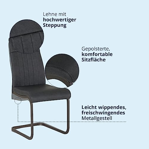 KHG Esszimmerstuhl Schwingstuhl Polsterstuhl Küchenstuhl Kunstleder Anthrazit - Design Stuhl Sitzhöhe 48 cm - Freischwinger mit Griff, für Esszimmer, Büro, Küche - 4
