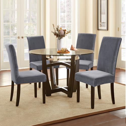 Alishomtll Stretch Samt Stuhlhussen 4er/6er Set Velvet/Velour Stuhlbezug Schwingstuhl Elastische Hussen Waschbarer Stühle Schutz für Küche Restaurant Hotel Bankett Hochzeit (Grau, 6 Stück) - 2