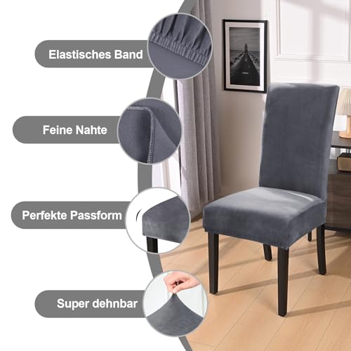 Alishomtll Stretch Samt Stuhlhussen 4er/6er Set Velvet/Velour Stuhlbezug Schwingstuhl Elastische Hussen Waschbarer Stühle Schutz für Küche Restaurant Hotel Bankett Hochzeit (Grau, 6 Stück) - 3