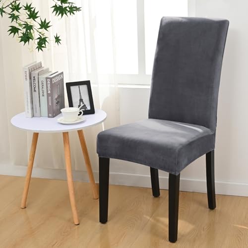 Alishomtll Stretch Samt Stuhlhussen 4er/6er Set Velvet/Velour Stuhlbezug Schwingstuhl Elastische Hussen Waschbarer Stühle Schutz für Küche Restaurant Hotel Bankett Hochzeit (Grau, 6 Stück) - 8