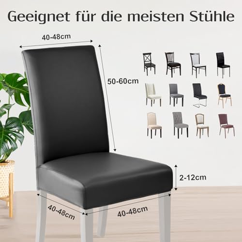 Alishomtll PU Stuhlhussen 4er/6er Set Leder Stretch Stuhlbezug wasserdicht Elastische Stuhlbezüge Universell Waschbarer Schwarz, 4 Stück - 5