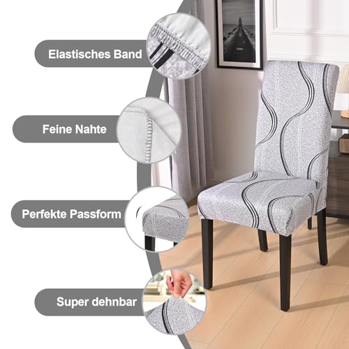 Alishomtll Stretch Stuhlhussen 4er/6er Set Grau Stuhlbezug Schwingstuhl Elastische Hussen Abnehmbarer Waschbarer Stühle Schutz für Esszimmer Restaurant Hotel Bankett Hochzeit (Grau Wellung, 4 Stück) - 3