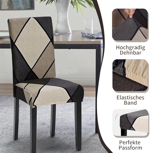 Alishomtll Stretch Stuhlbezug 4er/6er Set Stuhlhussen Schwingstuhl Elastische Stuhlhussen Abnehmbarer Waschbarer Esszimmerstühle Bezüge für Restaurant Hotel Bankett (Braun Geometrie, 4 Stück) - 3