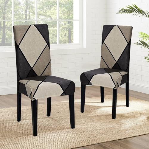 Alishomtll Stretch Stuhlbezug 4er/6er Set Stuhlhussen Schwingstuhl Elastische Stuhlhussen Abnehmbarer Waschbarer Esszimmerstühle Bezüge für Restaurant Hotel Bankett (Braun Geometrie, 4 Stück) - 8