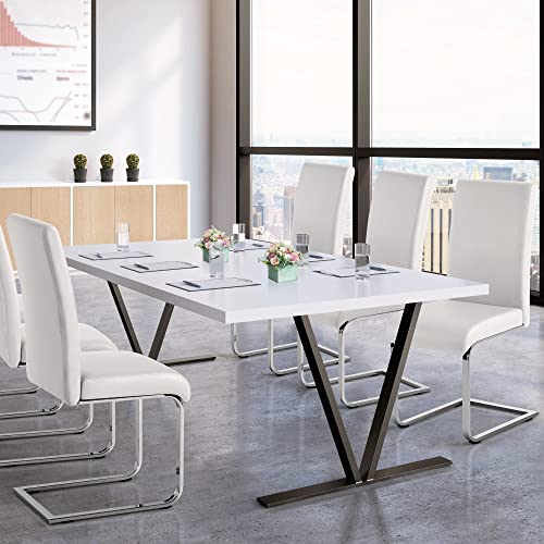 Yaheetech 2er Set Esszimmerstühle Küchenstuhl Schwingstuhl Essgruppe, mit hoher Rückenlehne, bequem gepolstert, Edelstahl und Kunstleder, Weiß - 4