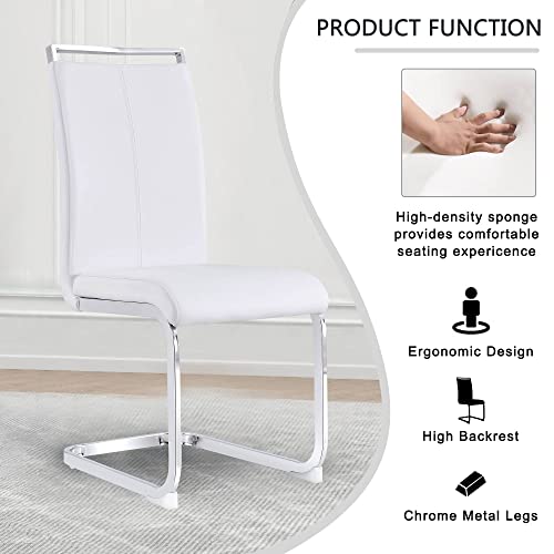 Merax Freischwinger Schwingstuhl 4er Set, Esszimmerstühle mit PU Kunstleder und hoher Rückenlehne, verchromtes Metallgestell, Moderner Küchenstuhl, Polsterstuhl für Wohnzimmer Konferenzraum, Weiß - 4