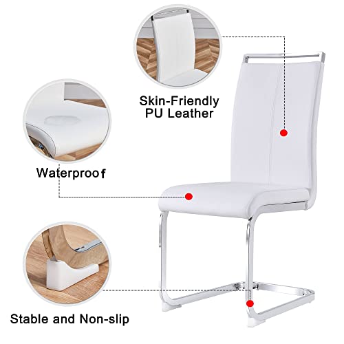 Merax Freischwinger Schwingstuhl 4er Set, Esszimmerstühle mit PU Kunstleder und hoher Rückenlehne, verchromtes Metallgestell, Moderner Küchenstuhl, Polsterstuhl für Wohnzimmer Konferenzraum, Weiß - 5