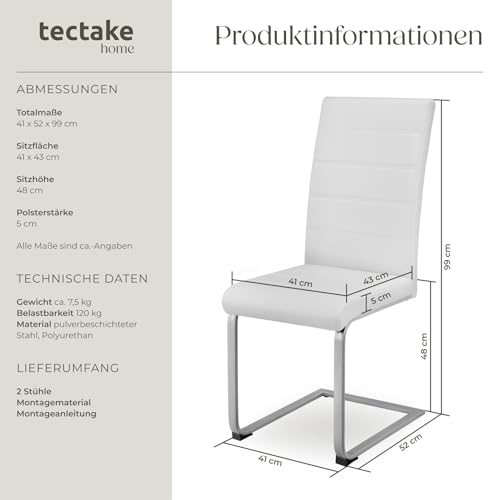 tectake® 2er Set Esszimmerstühle modern, ergonomischer Stuhl für Esszimmer, Besucherstuhl, Möbel für Küche, Esstisch, Küchenstühle, Freischwinger Essstühle, hohe Rückenlehne - weiß - 3